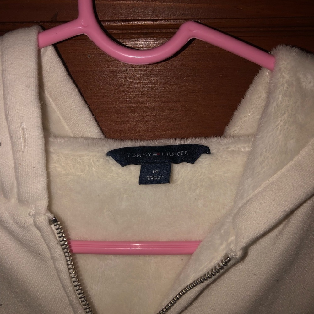 White fuzzy Tommy Hilfiger hoodie
